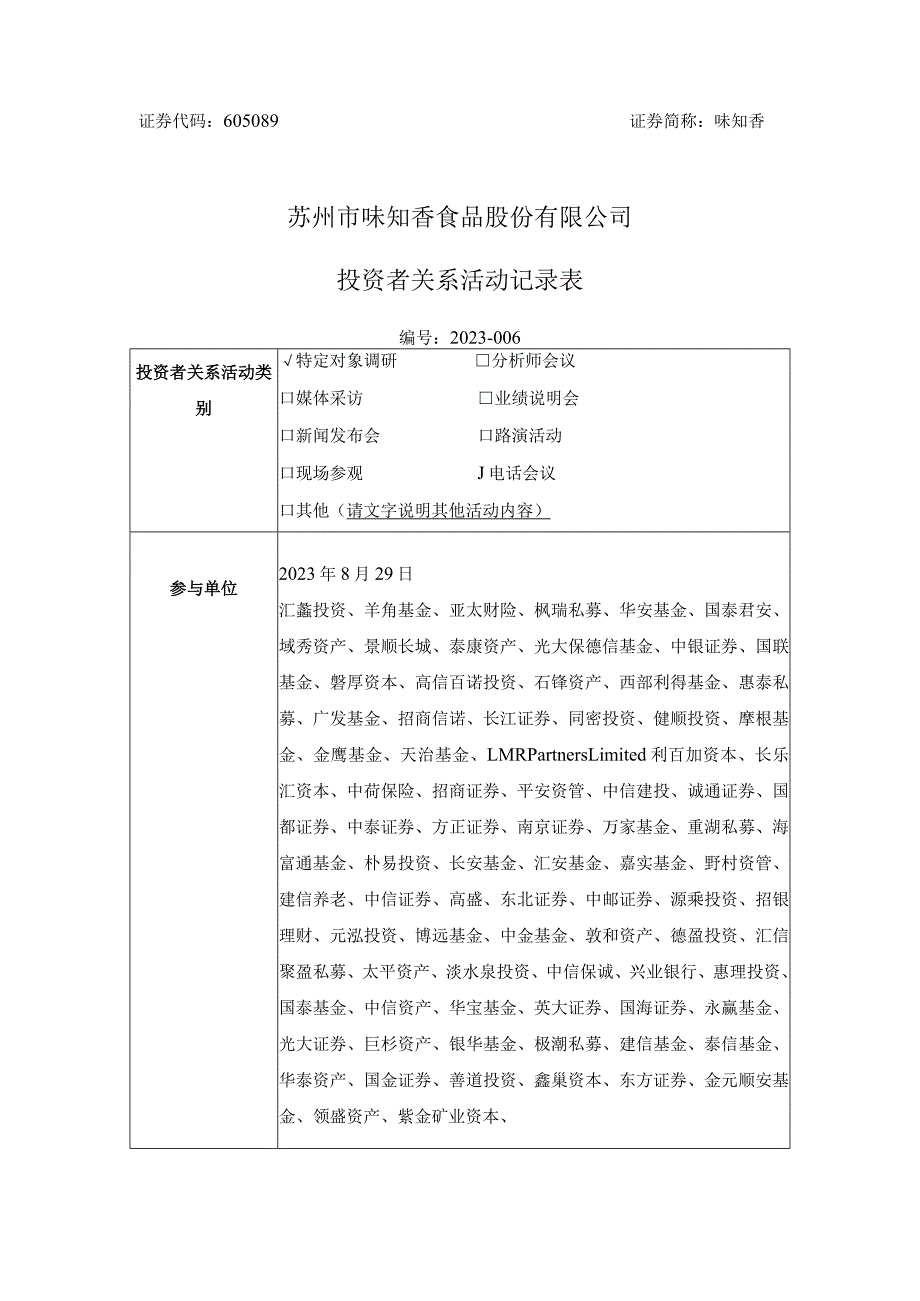 证券代码605089证券简称味知香苏州市味知香食品股份有限公司投资者关系活动记录表.docx_第1页