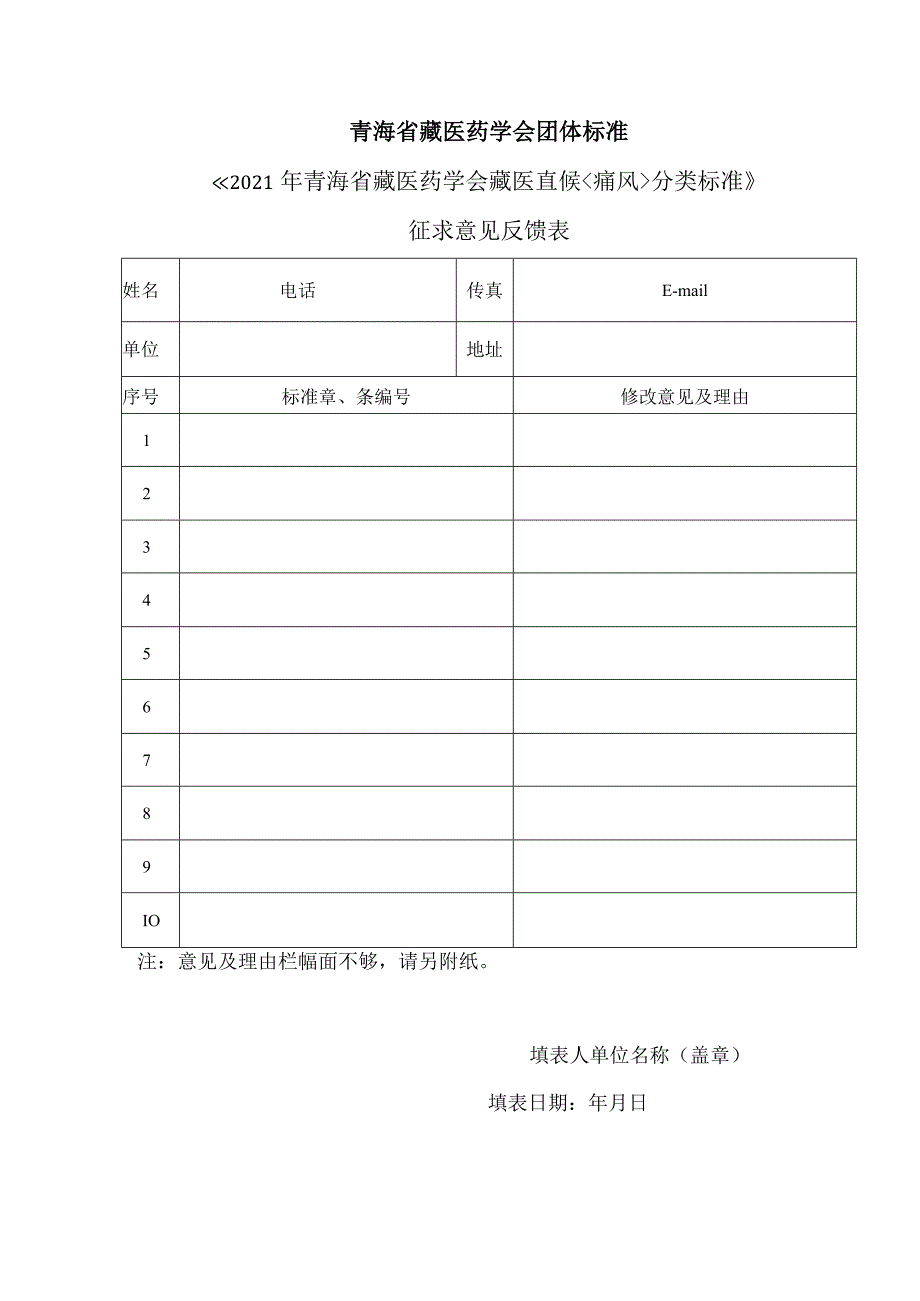 青海省藏医药学会团体标准《2021年青海省藏医药学会藏医直候痛风分类标准》征求意见反馈表.docx_第1页