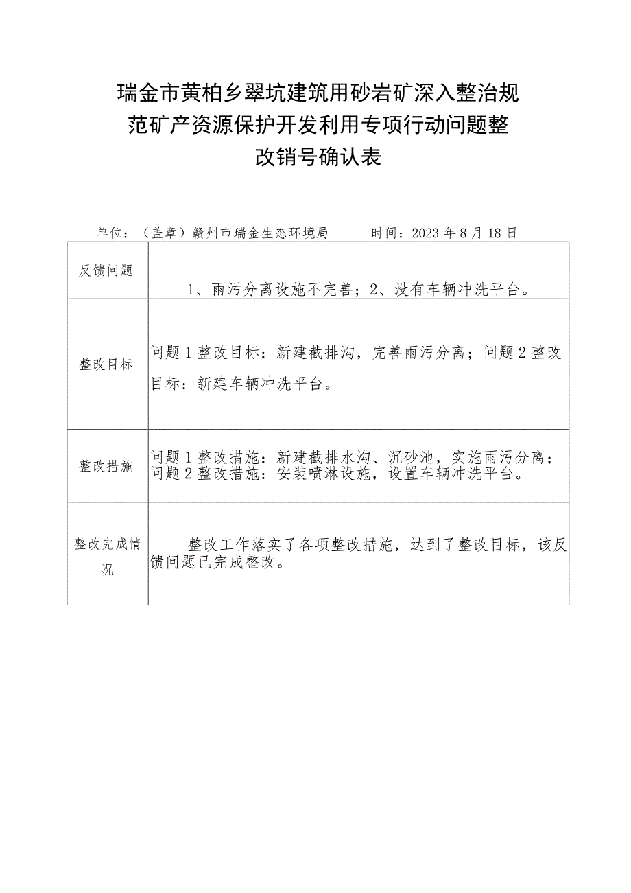 瑞金市大柏院溪石场深入整治规范矿产资源保护开发利用专项行动问题整改销号确认表.docx_第2页