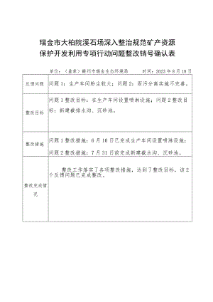 瑞金市大柏院溪石场深入整治规范矿产资源保护开发利用专项行动问题整改销号确认表.docx