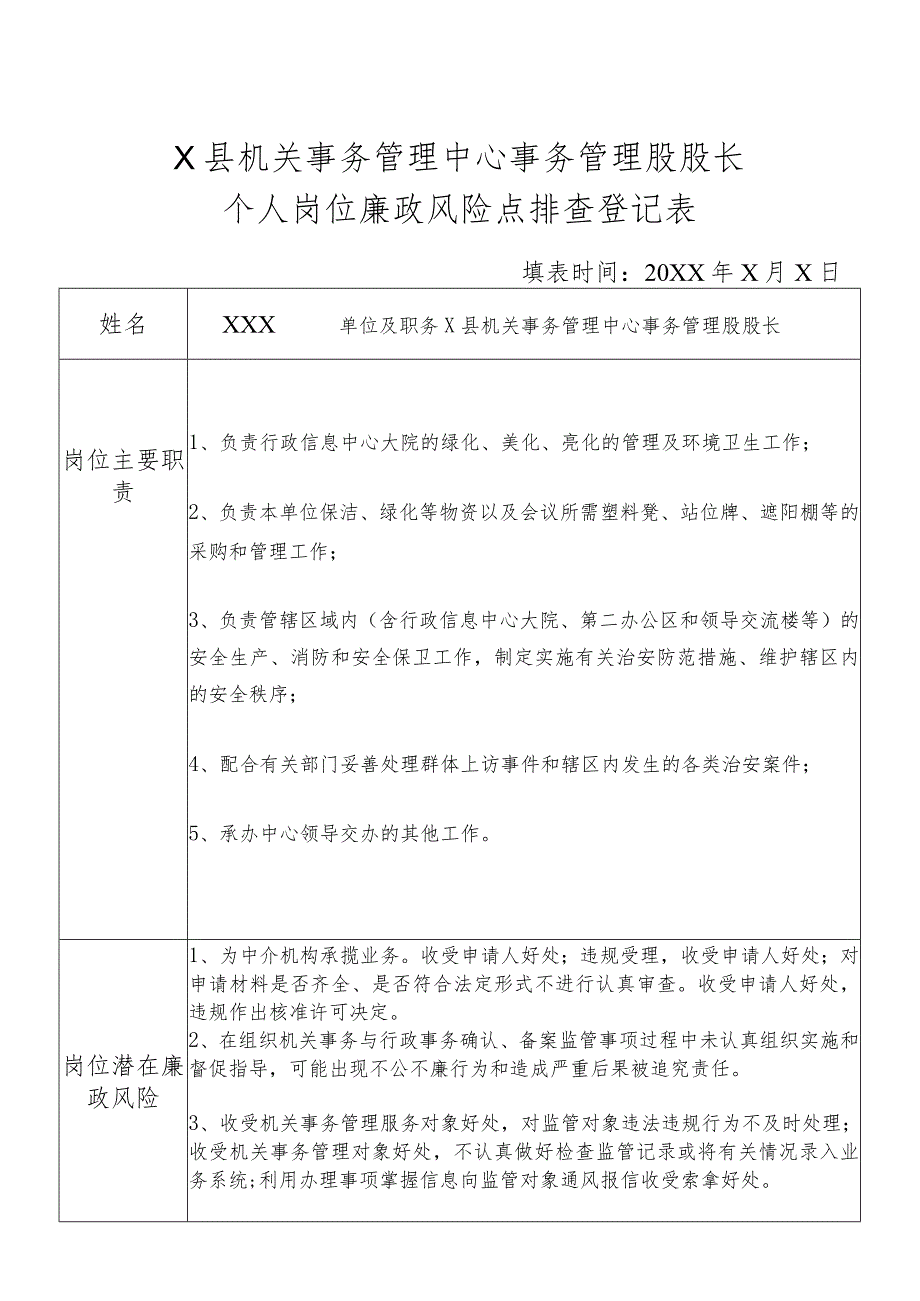 某县机关事务管理中心事务管理务股股长个人岗位廉政风险点排查登记表.docx_第1页