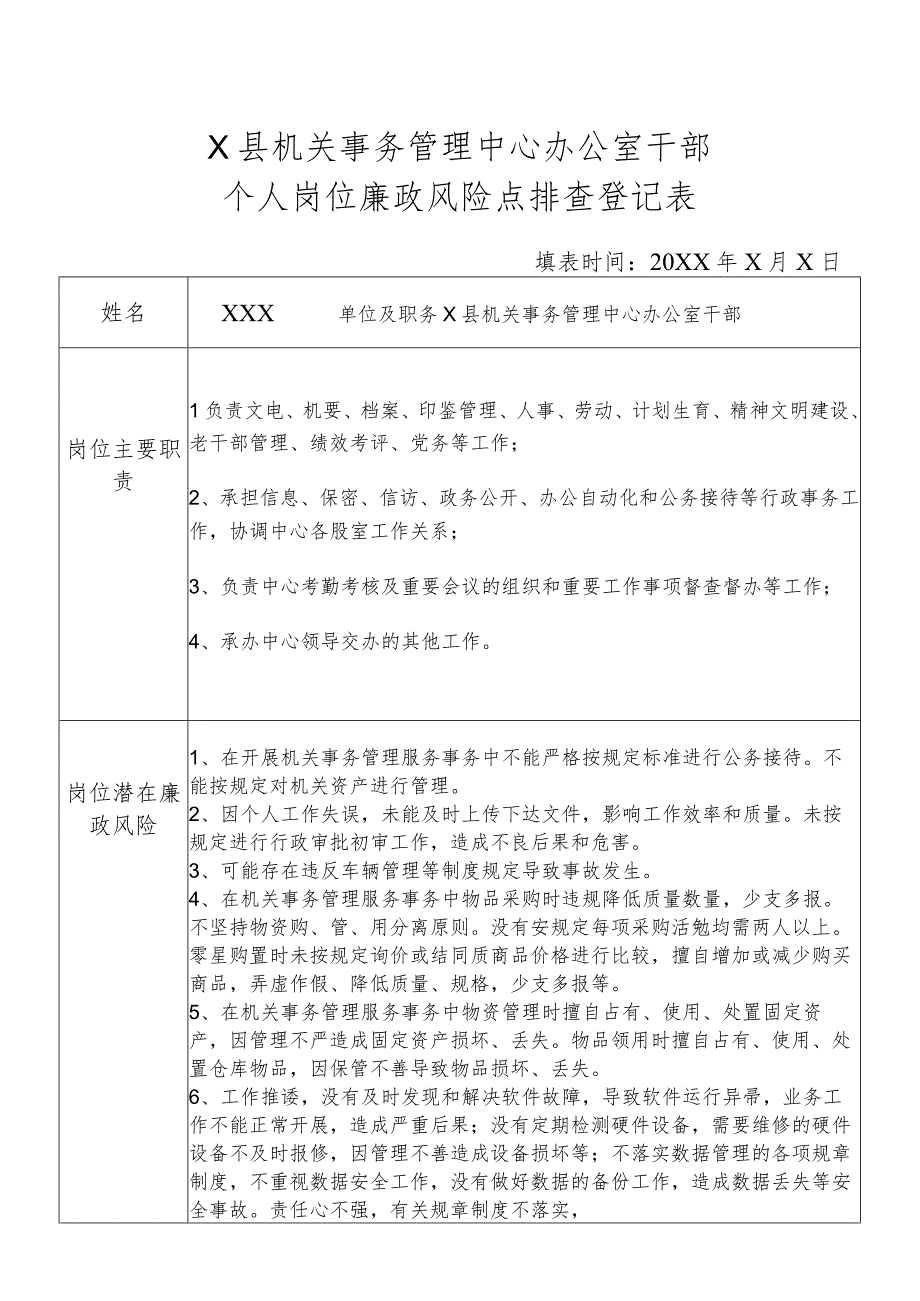 某县机关事务管理中心办公室干部个人岗位廉政风险点排查登记表.docx_第1页