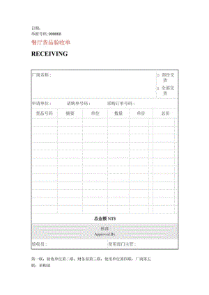 餐厅货品验收单模板.docx