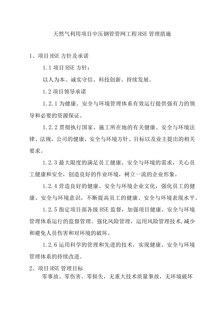 天然气利用项目中压钢管管网工程HSE管理措施.docx_第1页