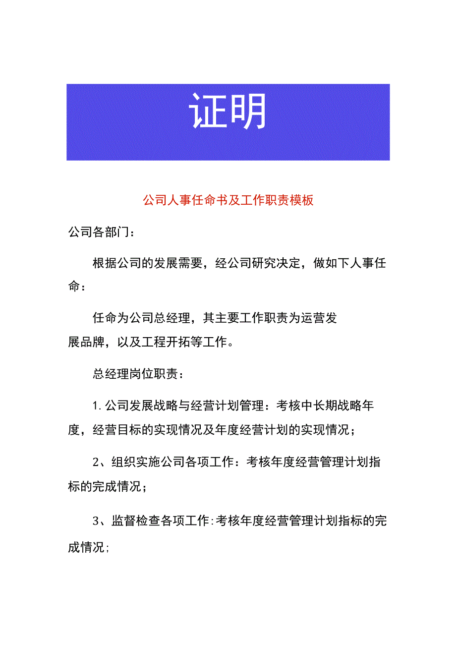 公司人事任命书及工作职责模板.docx_第1页