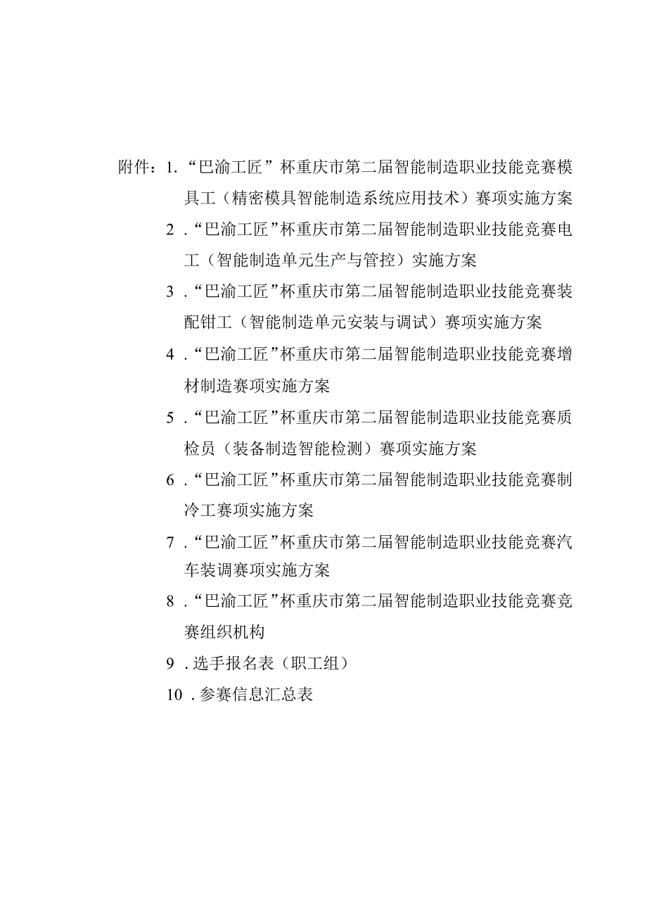 重庆市第二届智能制造职业技能竞赛模具工、电工、装配钳工、增材制造、质检员、制冷、汽车装调赛项实施方案.docx_第1页