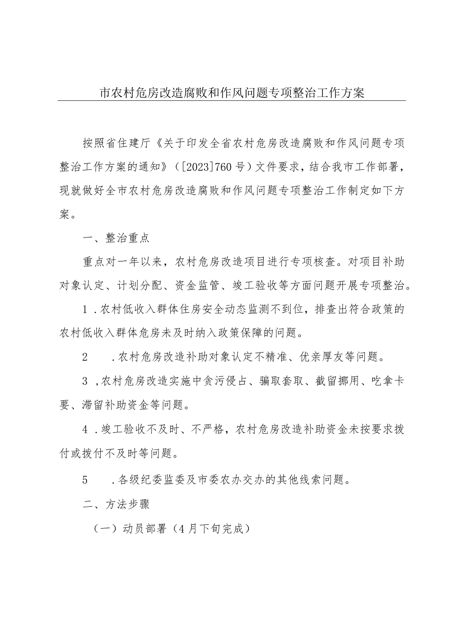 市农村危房改造腐败和作风问题专项整治工作方案.docx_第1页