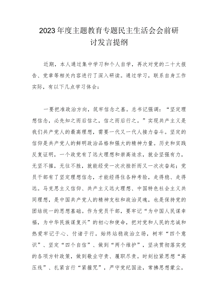 2023年度主题教育专题民主生活会会前研讨发言提纲.docx