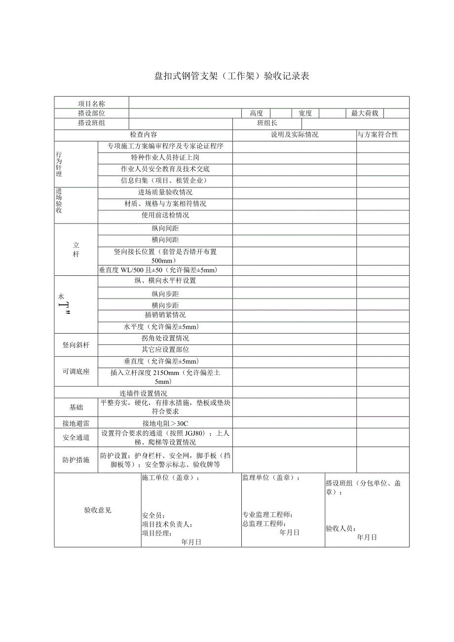 盘扣式钢管支架工作架验收记录表.docx_第1页