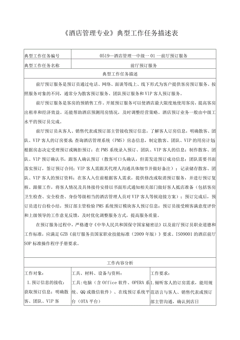 《酒店管理专业》典型工作任务描述表.docx_第1页