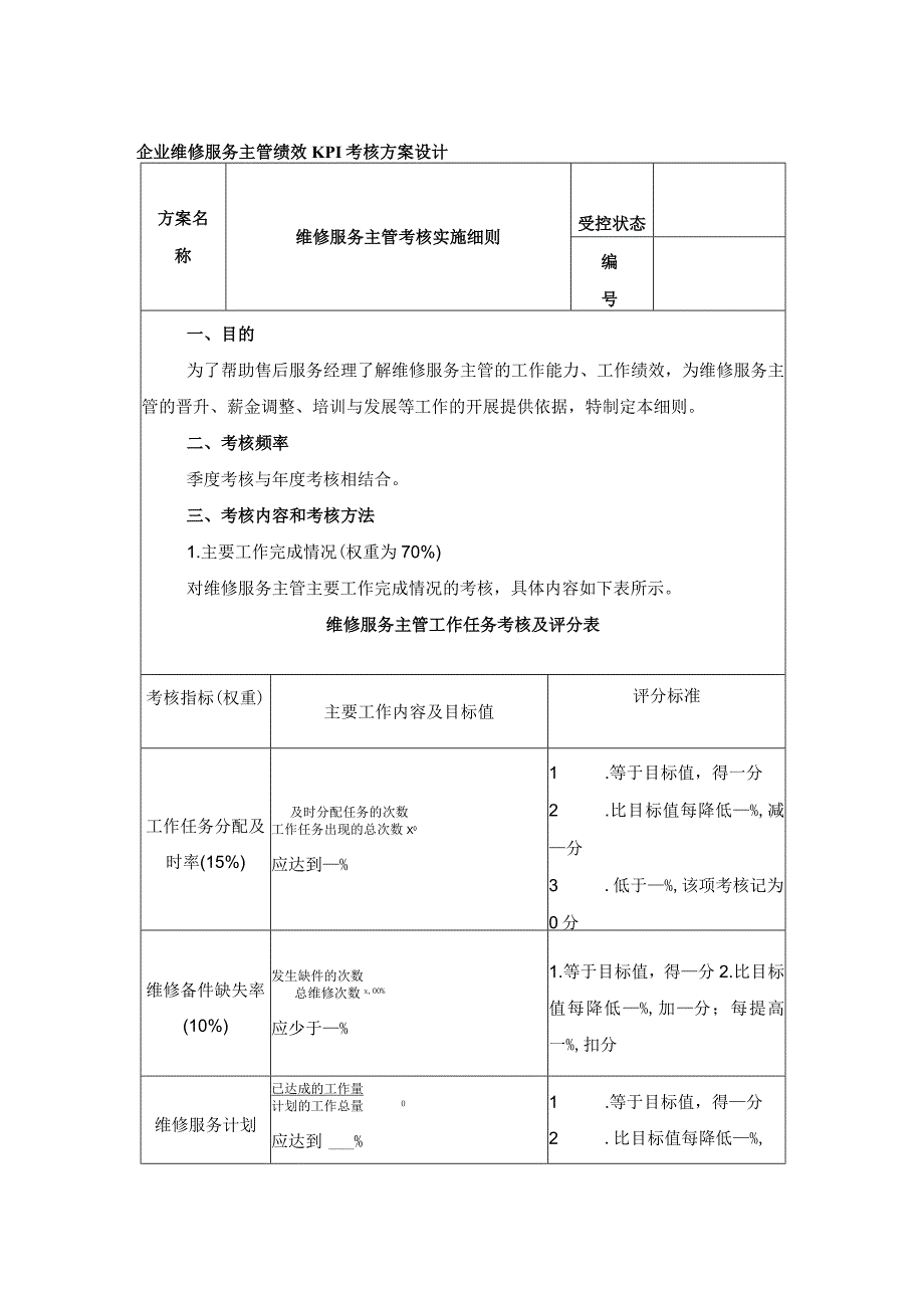 企业维修服务主管绩效KPI考核方案设计.docx_第1页