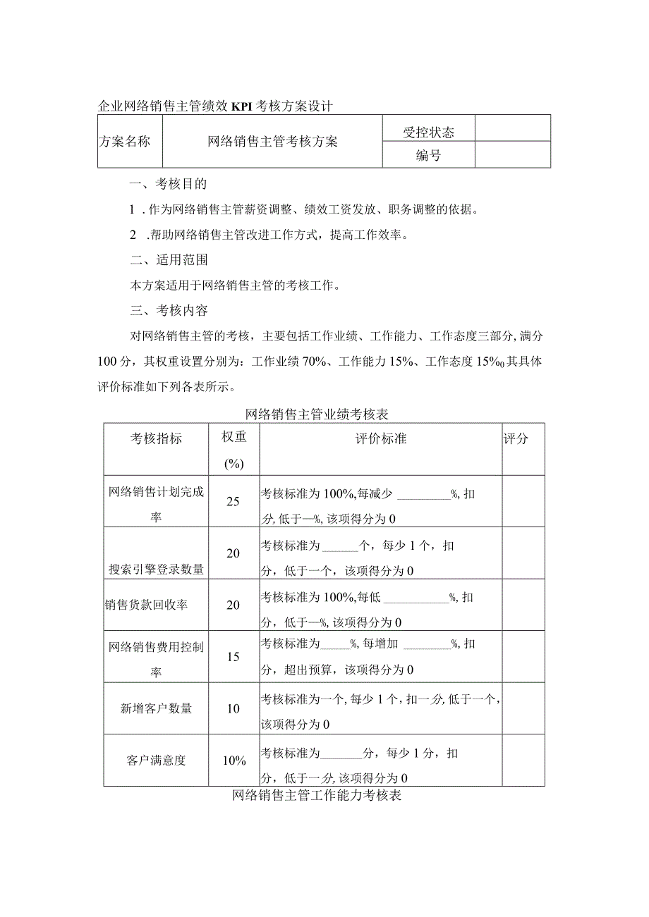 企业网络销售主管绩效KPI考核方案设计.docx_第1页