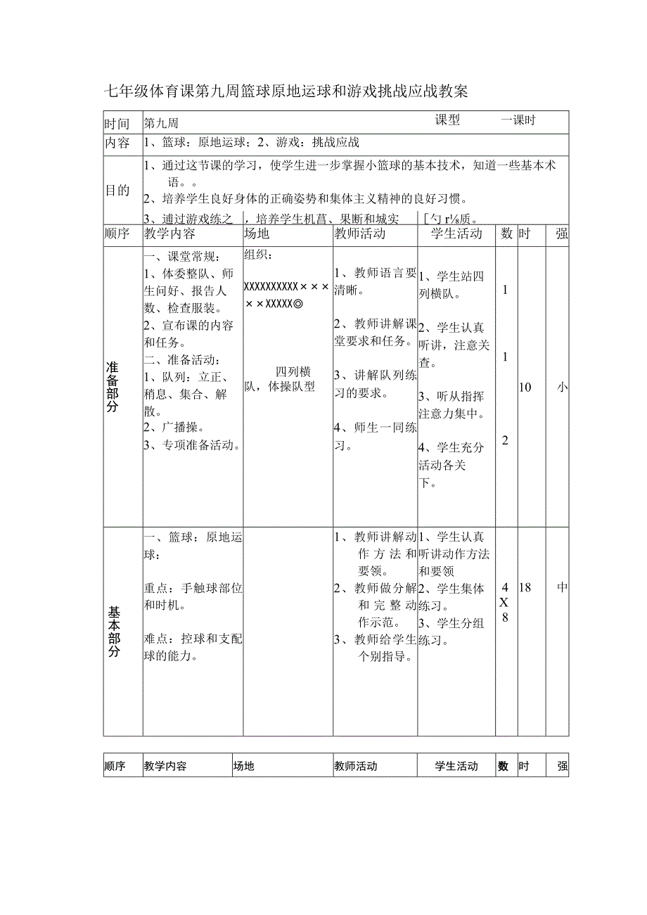 七年级体育课第九周篮球原地运球和游戏挑战应战教案.docx_第1页