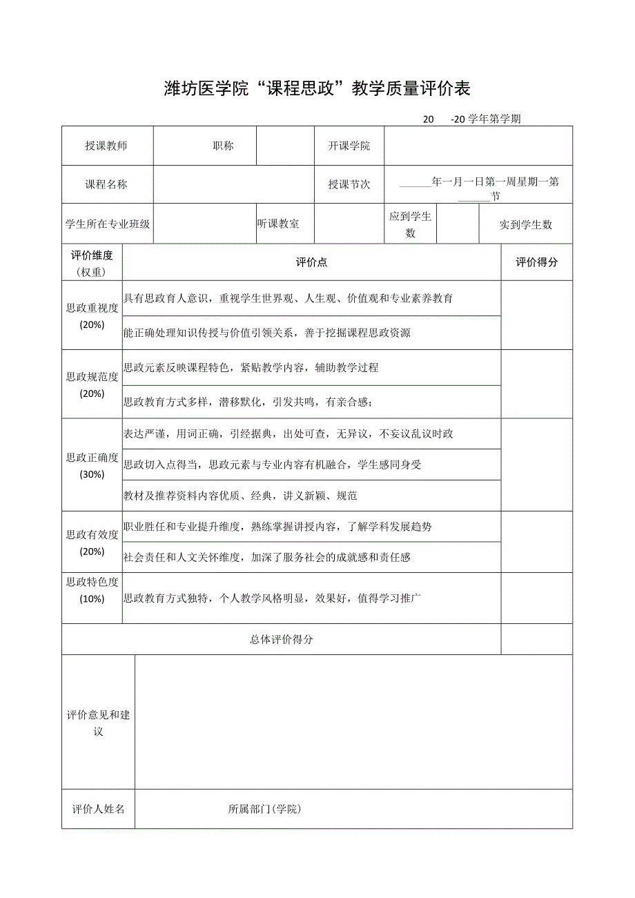 潍坊医学院“课程思政”教学质量评价表.docx_第1页