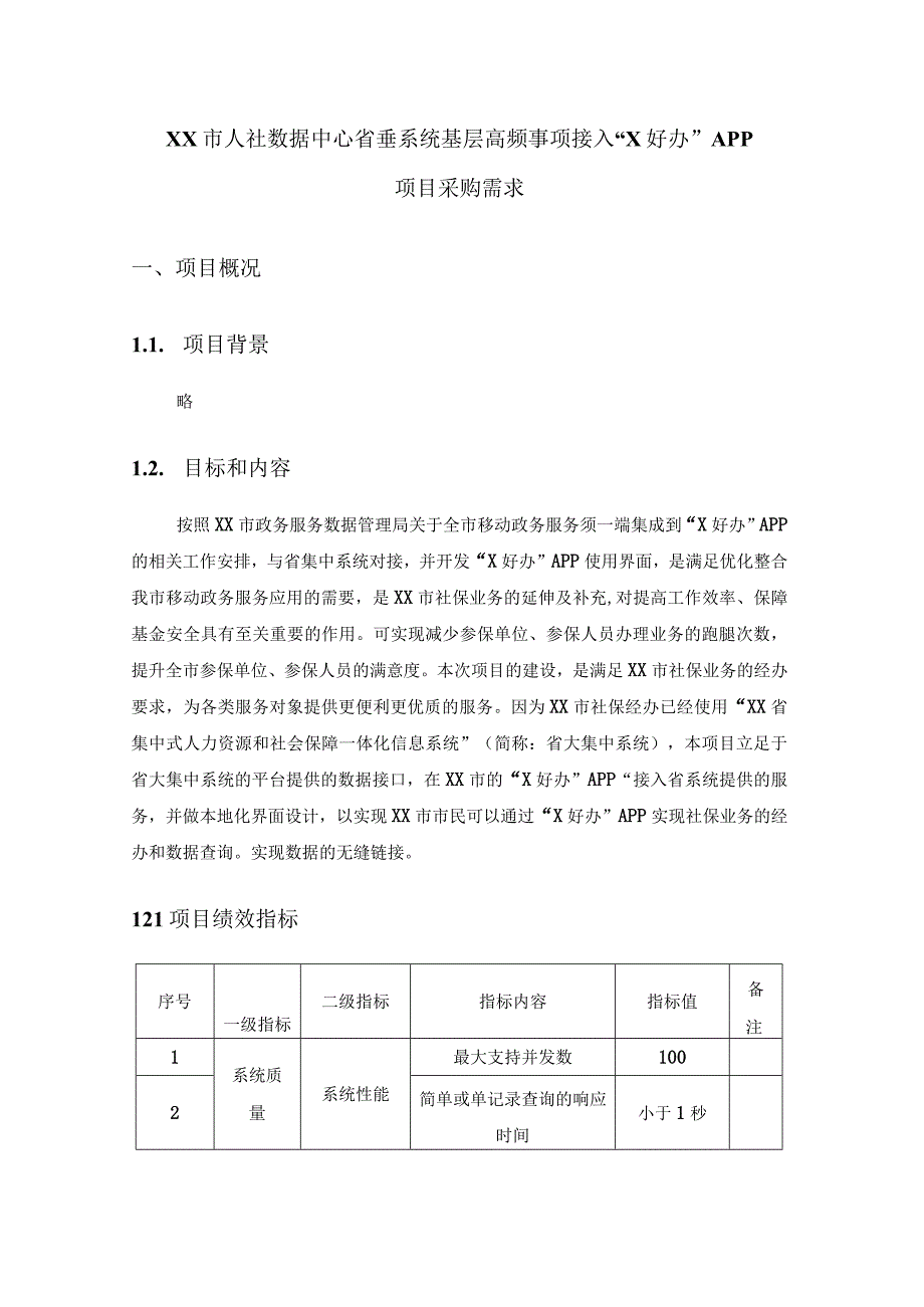 XX市人社数据中心省垂系统基层高频事项接入“X好办”APP项目采购需求.docx_第1页