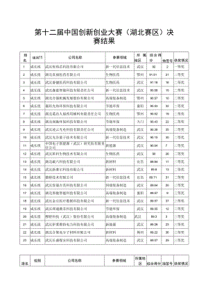 第十二届中国创新创业大赛湖北赛区决赛结果.docx