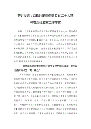 研讨发言：以铁的纪律保证党的二十大精神在纪检监察工作落实.docx