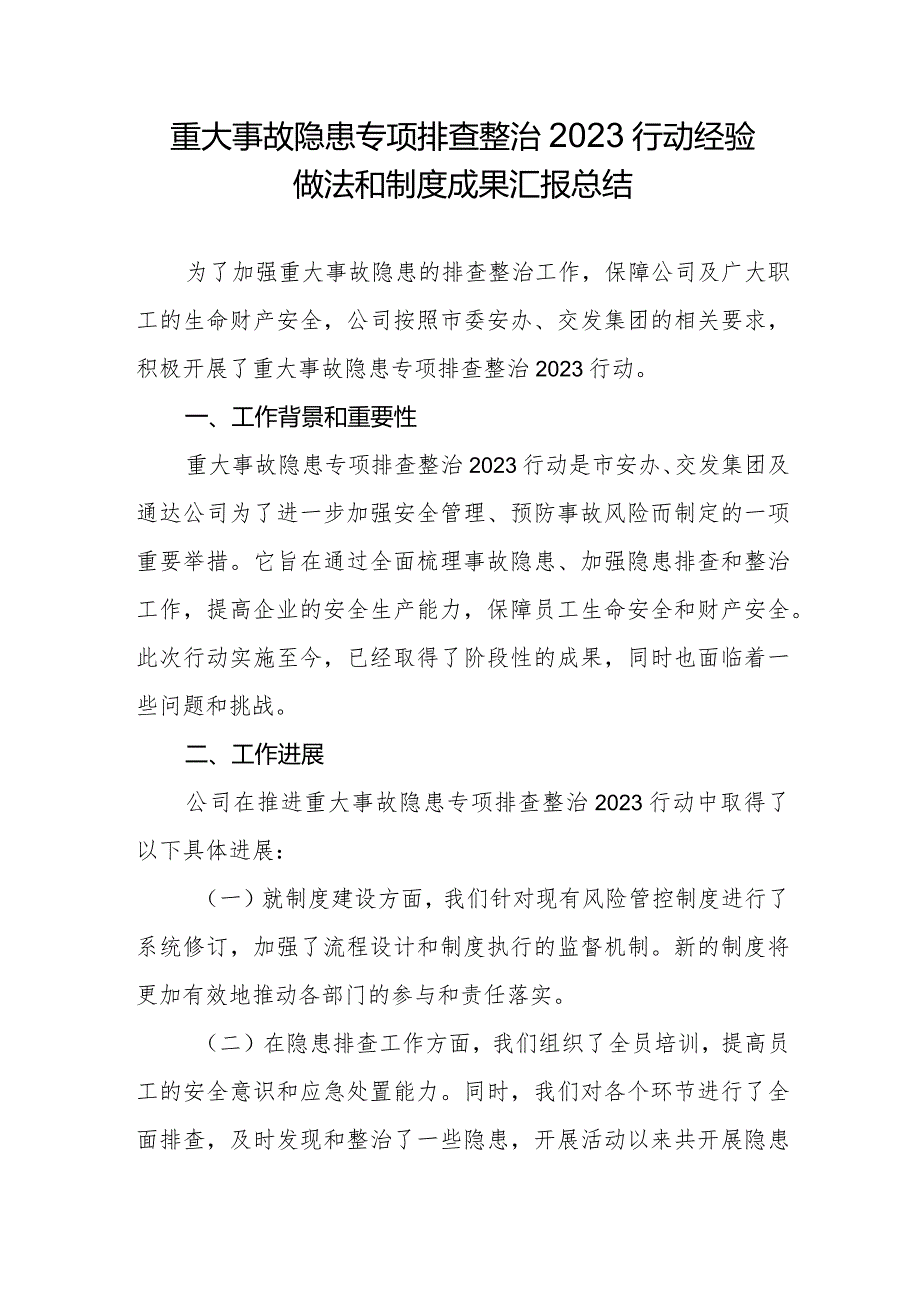 重大事故隐患专项排查整治2023行动经验做法和制度成果汇报总结.docx_第1页