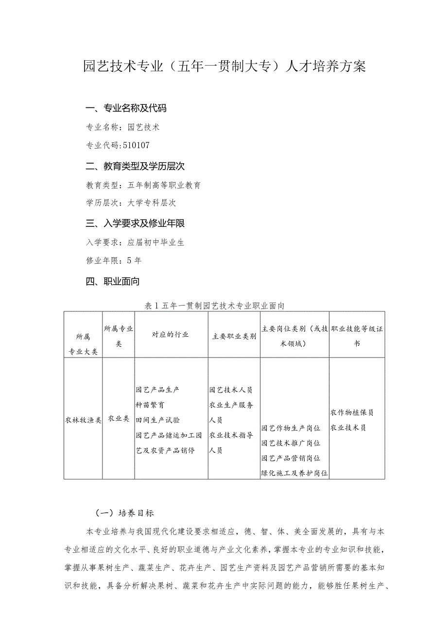 园艺技术专业（五年一贯制大专）人才培养方案.docx_第1页