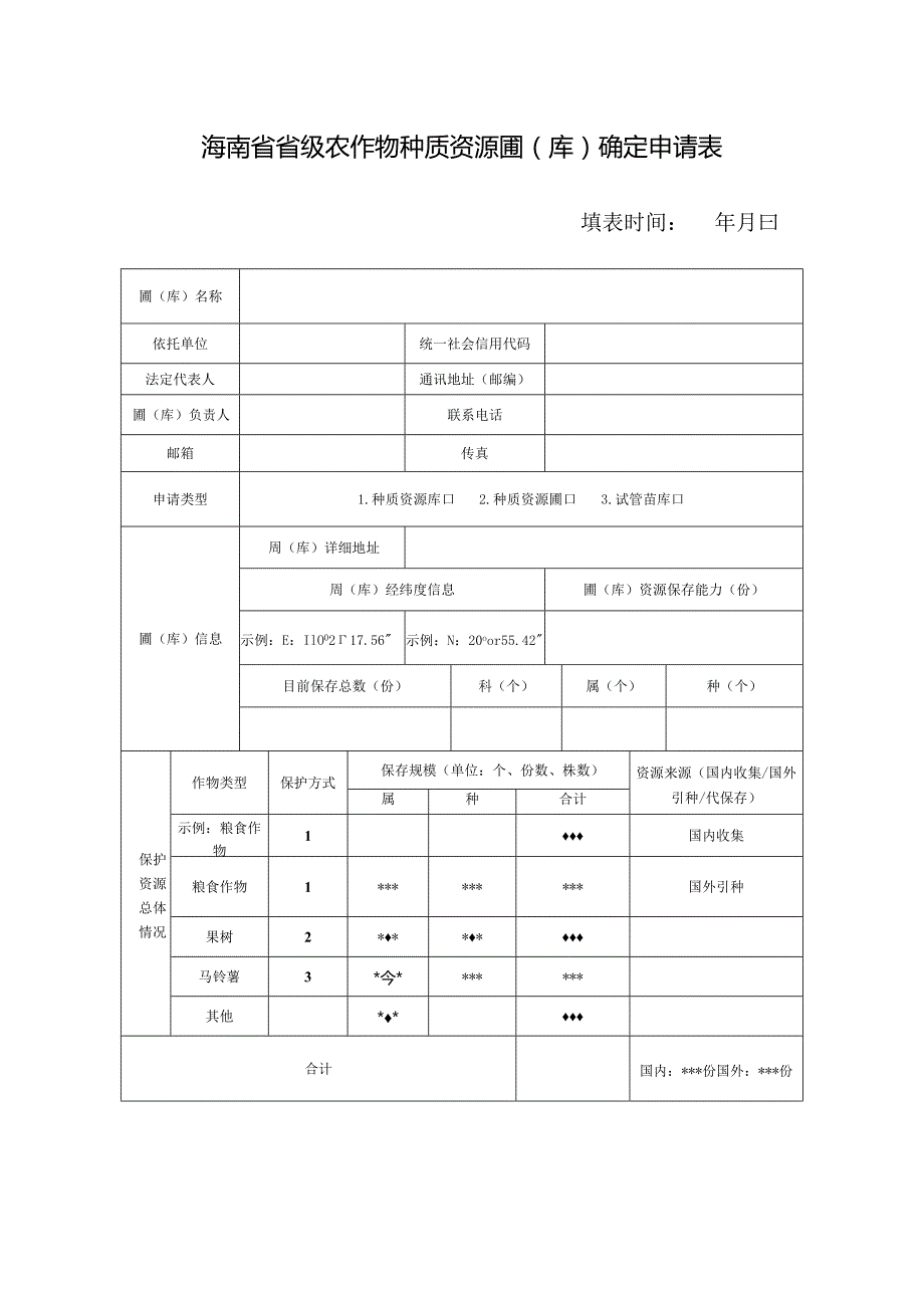 海南省省级农作物种质资源圃（库）确定申请表.docx_第1页