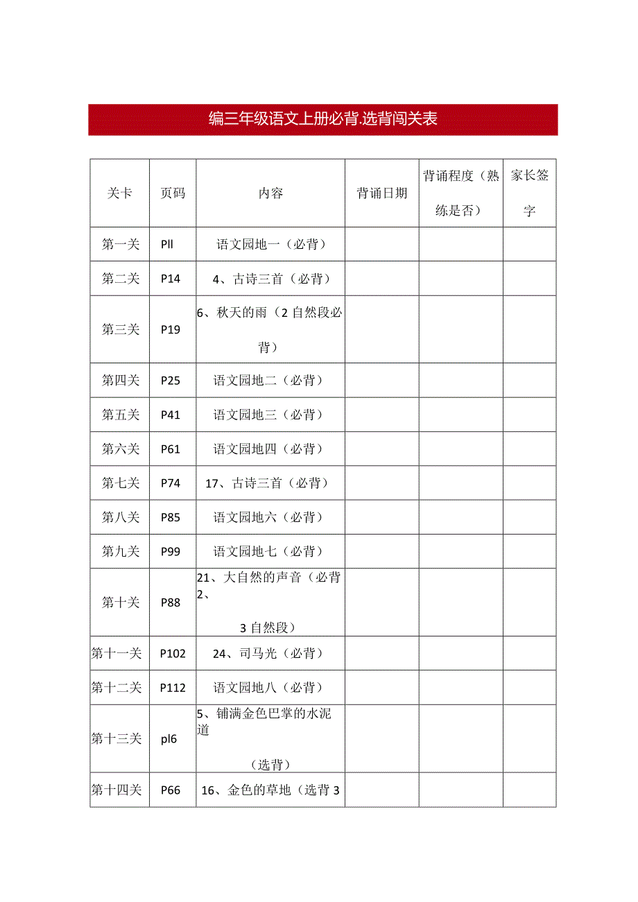 部编版三年级上册背诵课文内容及闯关表.docx_第1页