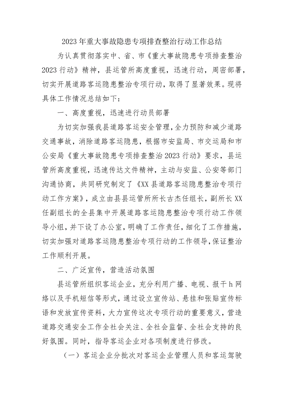 公交车公司开展2023年《重大事故隐患专项排查整治行动》工作总结 合计5份.docx_第1页