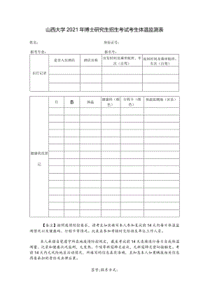 山西大学2021年博士研究生招生考试考生体温监测表.docx