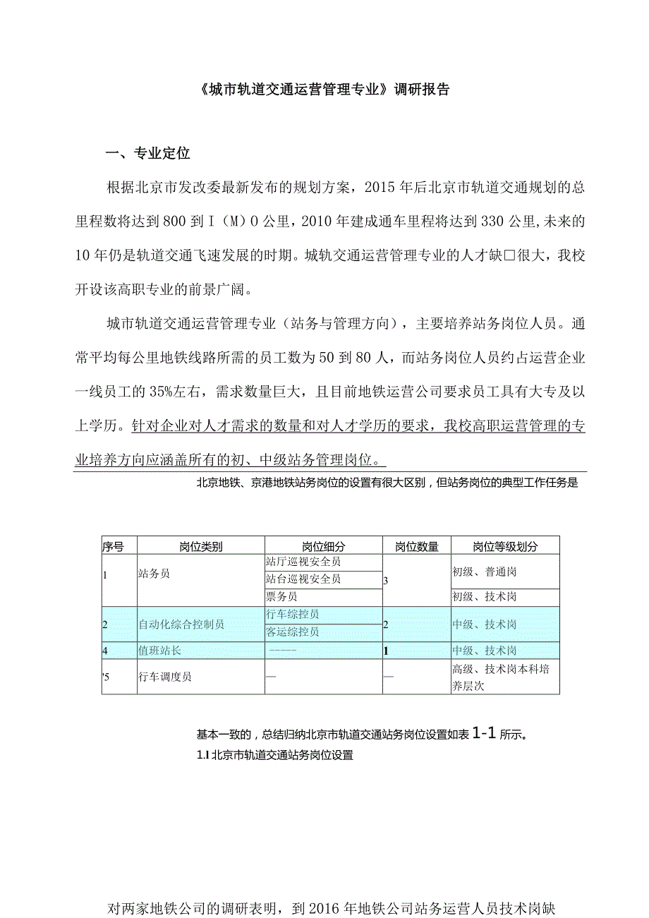 《城市轨道交通运营管理专业》调研报告.docx_第1页