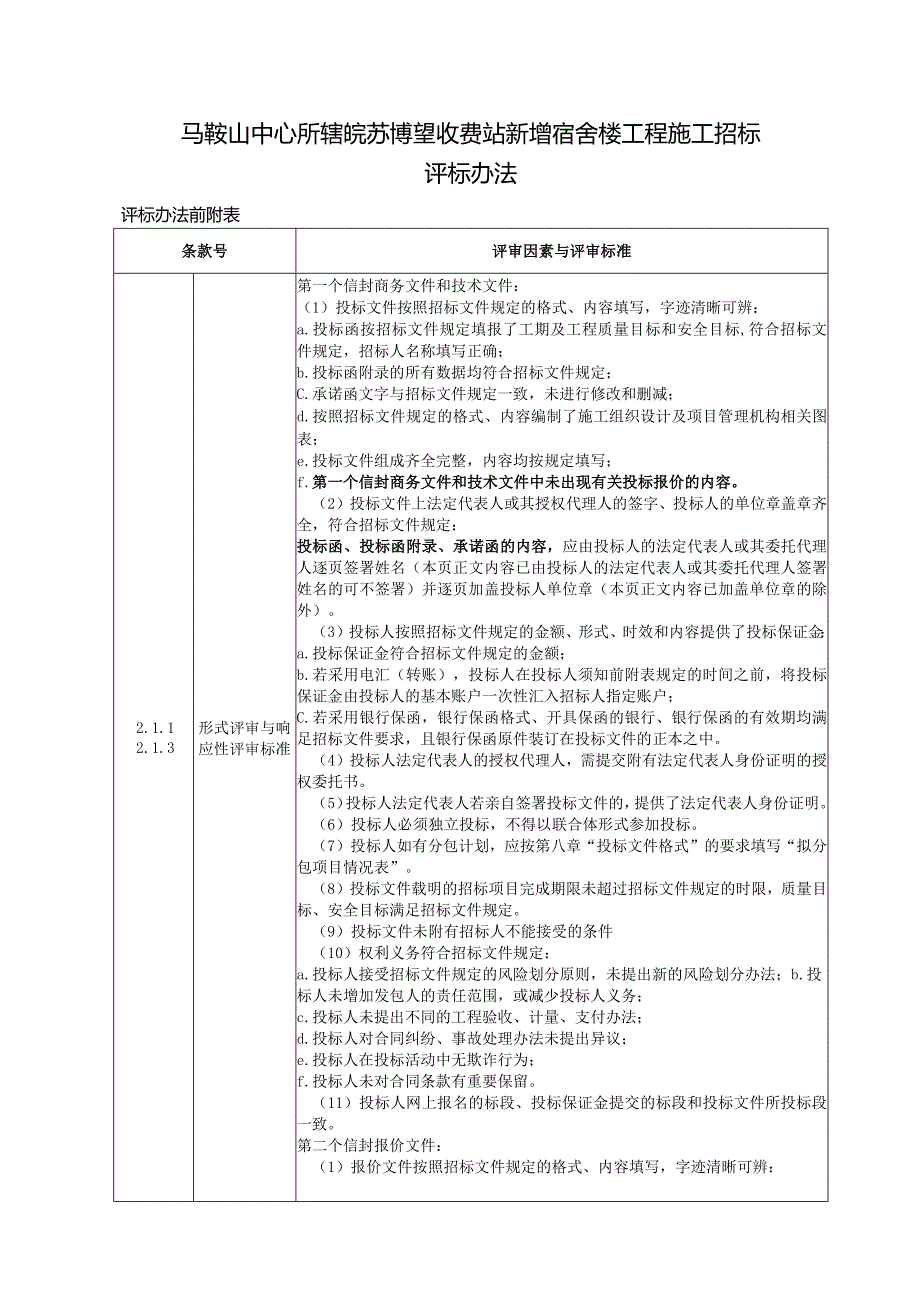 马鞍山中心所辖皖苏博望收费站新增宿舍楼工程施工招标评标办法.docx_第1页