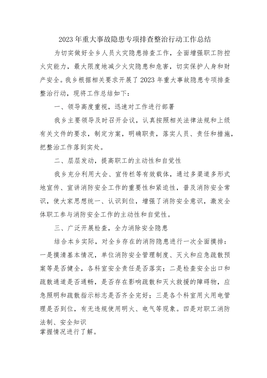 私立学校开展2023年《重大事故隐患专项排查整治行动》工作总结.docx_第1页