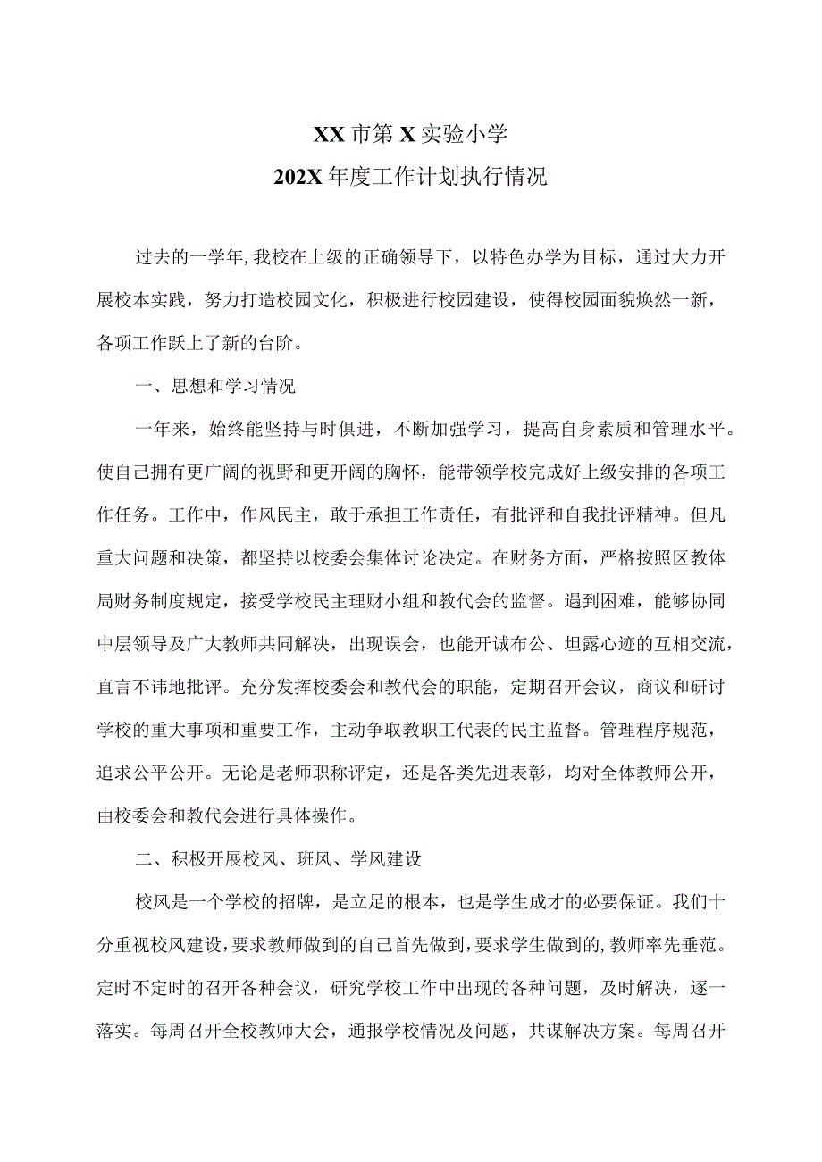 XX市第X实验小学202X年度工作计划执行情况（2024年）.docx_第1页