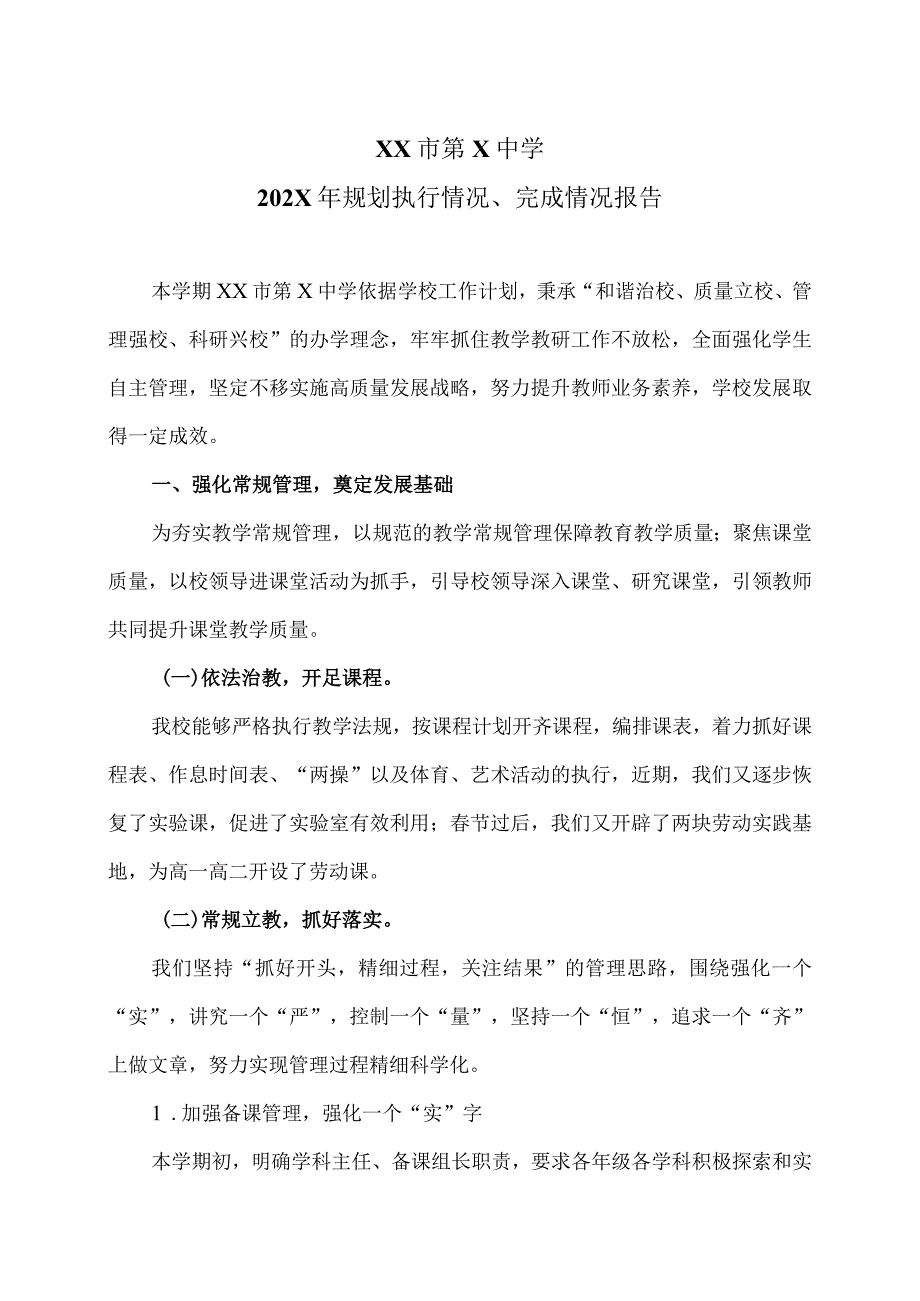 XX市第X中学202X年规划执行情况、完成情况报告（2024年）.docx_第1页