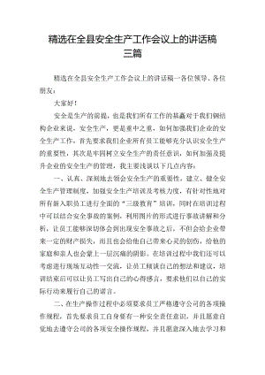 精选在全县安全生产工作会议上的讲话稿三篇.docx