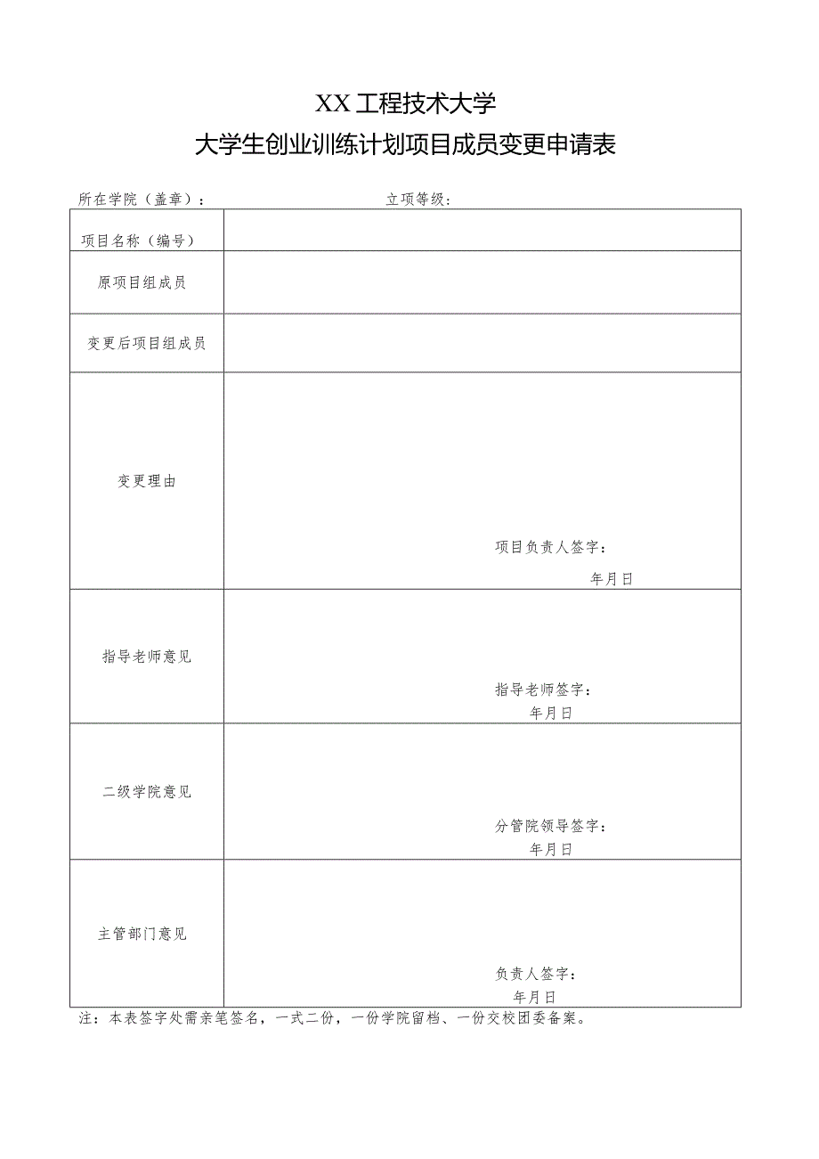 XX工程技术大学大学生创业训练计划项目成员变更申请表（2023年）.docx_第1页