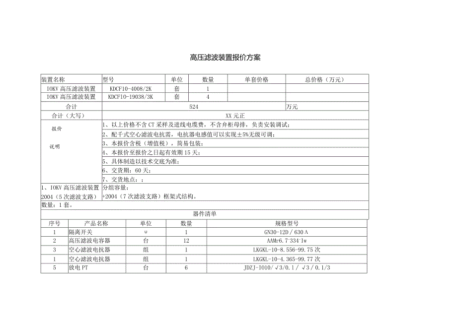 XX电力科技有限公司高压滤波装置报价方案（2023年）.docx_第1页