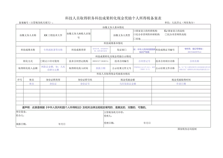 科技人员取得职务科技成果转化现金奖励个人所得税备案表（2023年XX工程技术大学）.docx_第1页