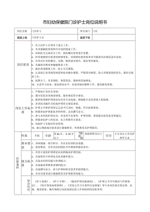 市妇幼保健院门诊护士岗位说明书.docx