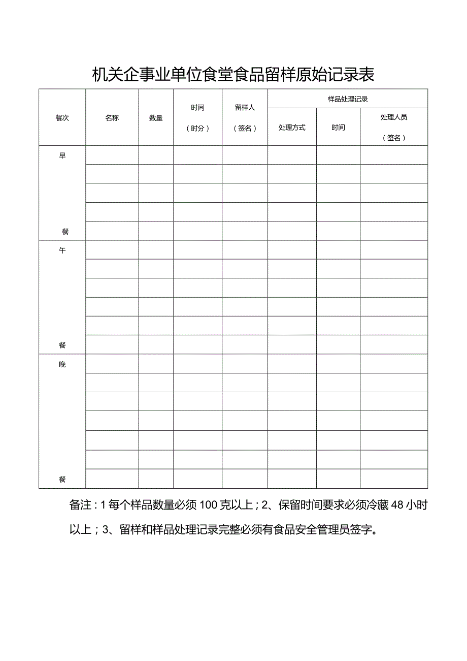 机关企事业单位食堂食品留样原始记录表.docx_第1页