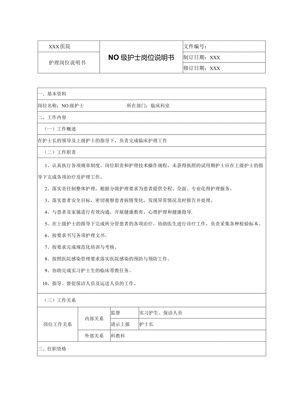 N0级护士岗位说明书.docx_第1页