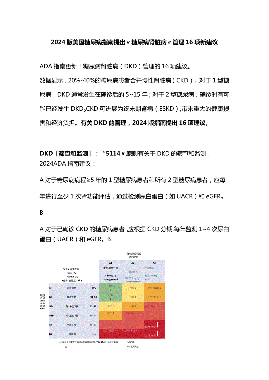 2024版美国糖尿病指南提出“糖尿病肾脏病”管理16项新建议 .docx_第1页