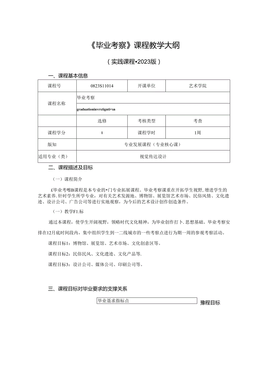 0823S11014-《 毕业考察 》-2023版人才培养方案课程教学大纲.docx_第1页