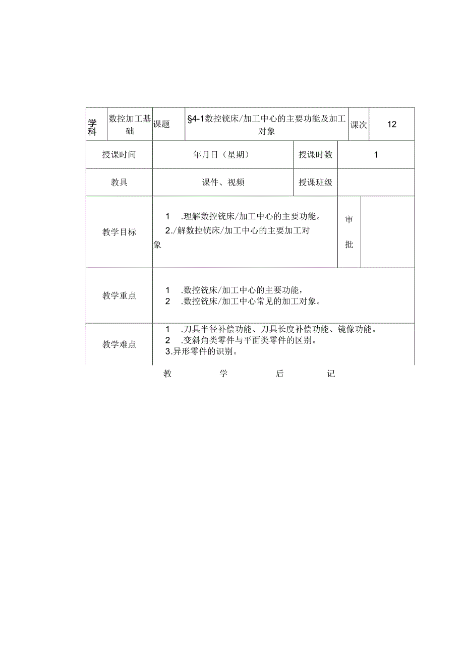 《数控加工基础（第五版）》 教案 第四章 数控铣床、加工中心加工基础.docx_第1页