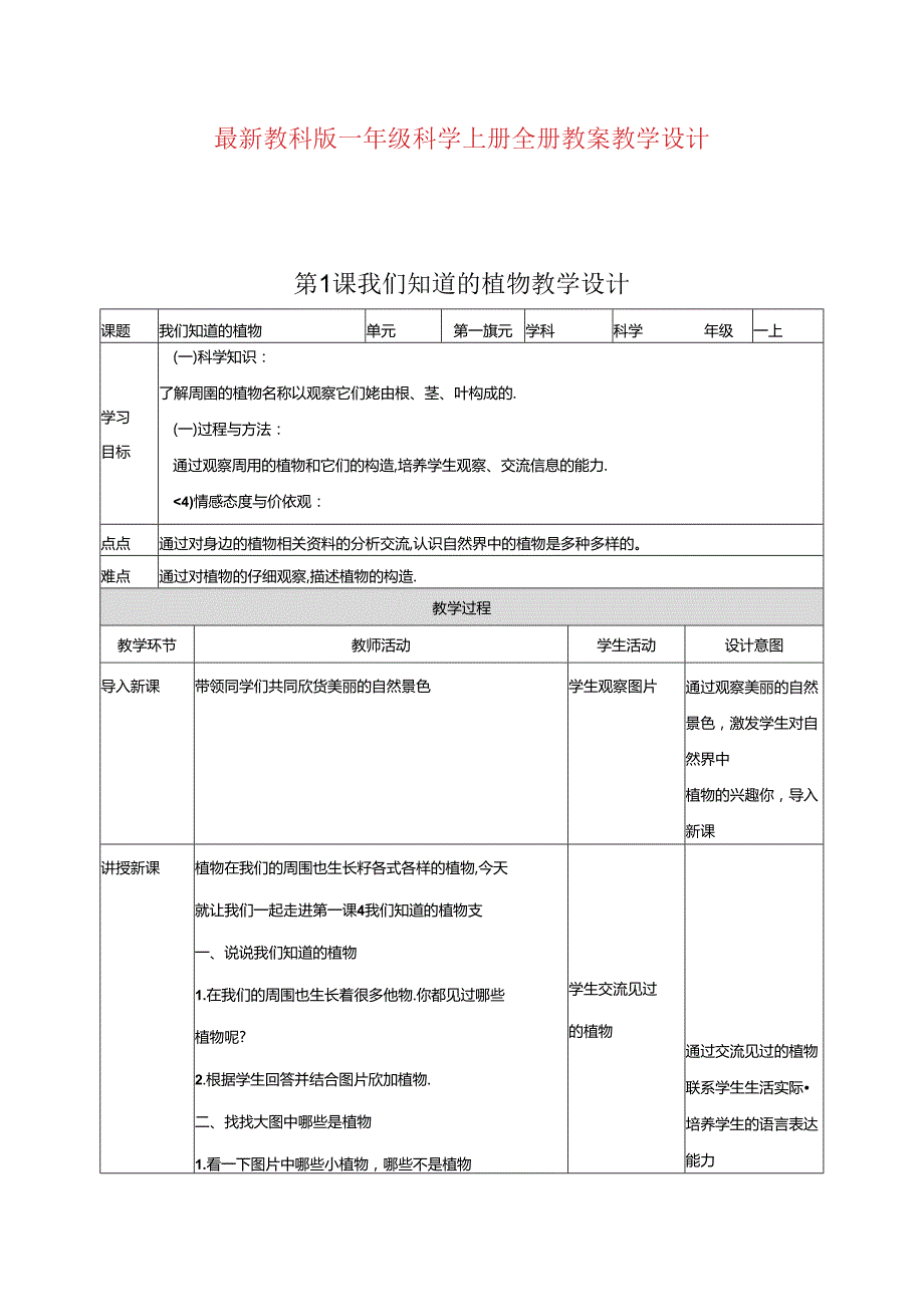 最新教科版一年级科学上册全册教案教学设计.docx_第1页