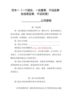 有限责任公司章程范本一：一个股东、一名董事、不设监事会或者监事、不设经理2024模板.docx