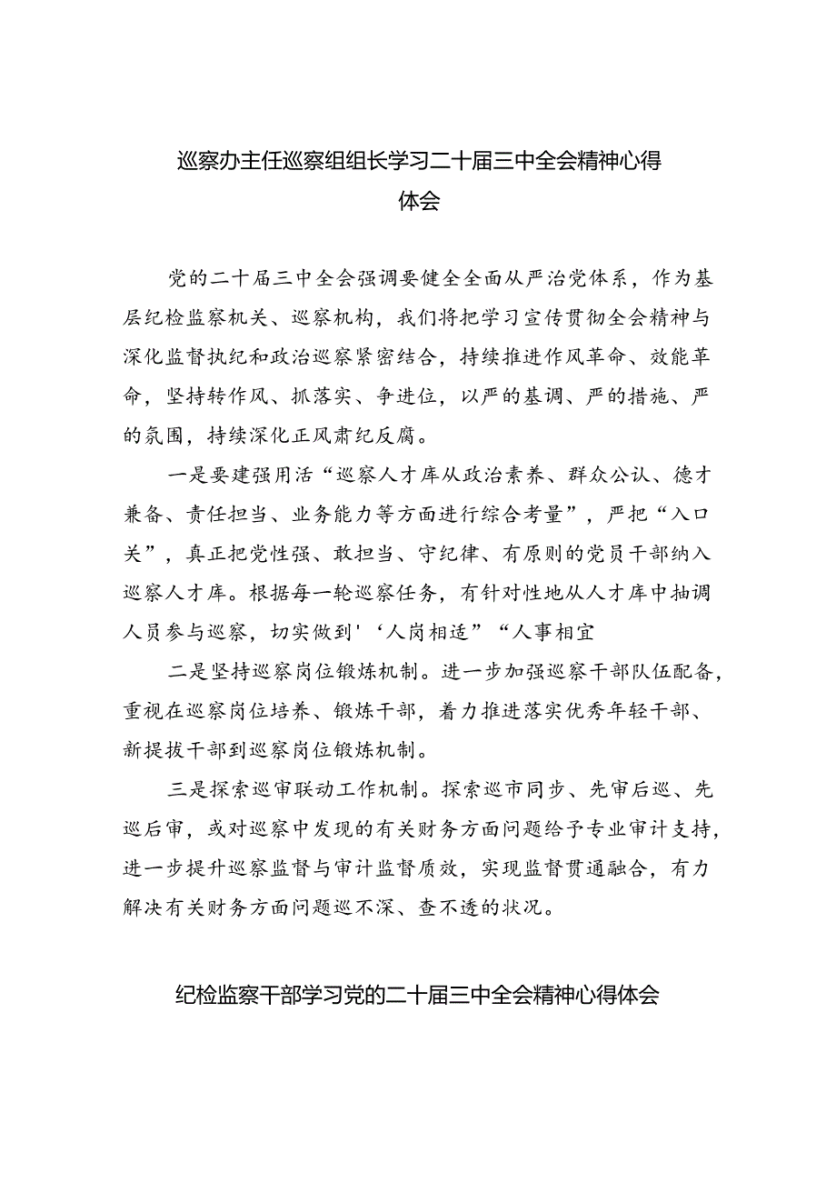 （9篇）巡察办主任巡察组组长学习二十届三中全会精神心得体会（详细版）.docx_第1页