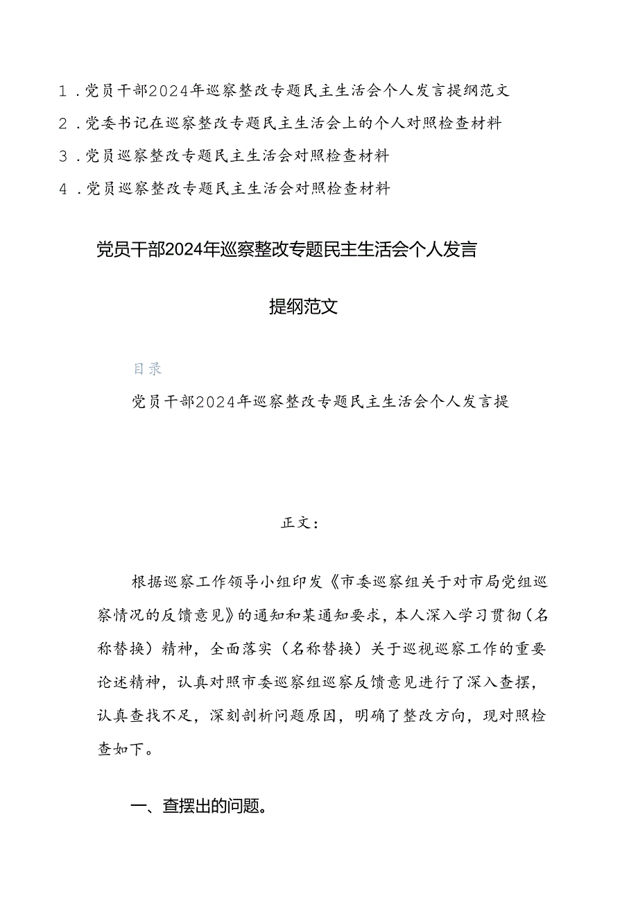 四篇：党员干部2024年巡察整改专题民主生活会个人发言提纲范文.docx_第1页