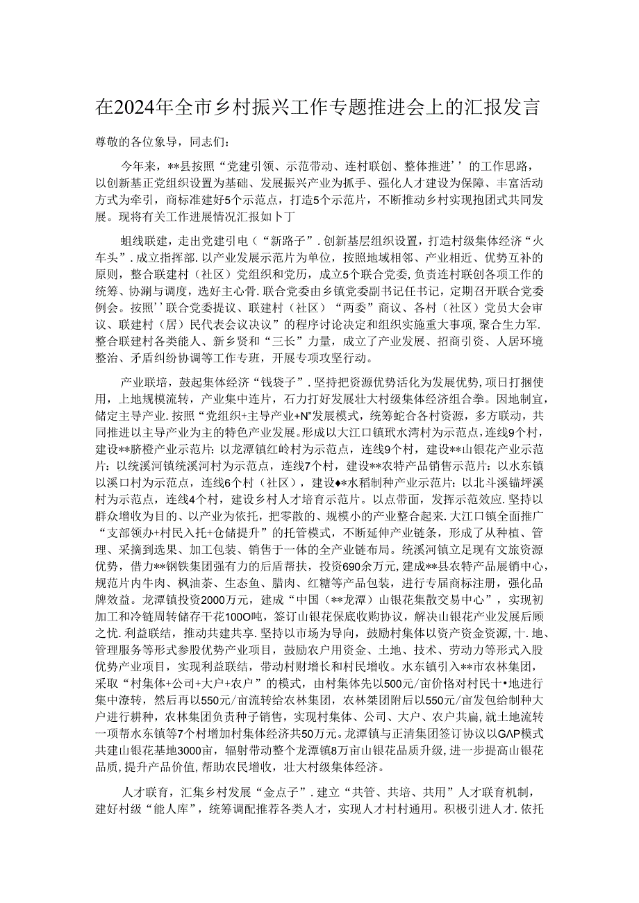 在2024年全市乡村振兴工作专题推进会上的汇报发言.docx_第1页