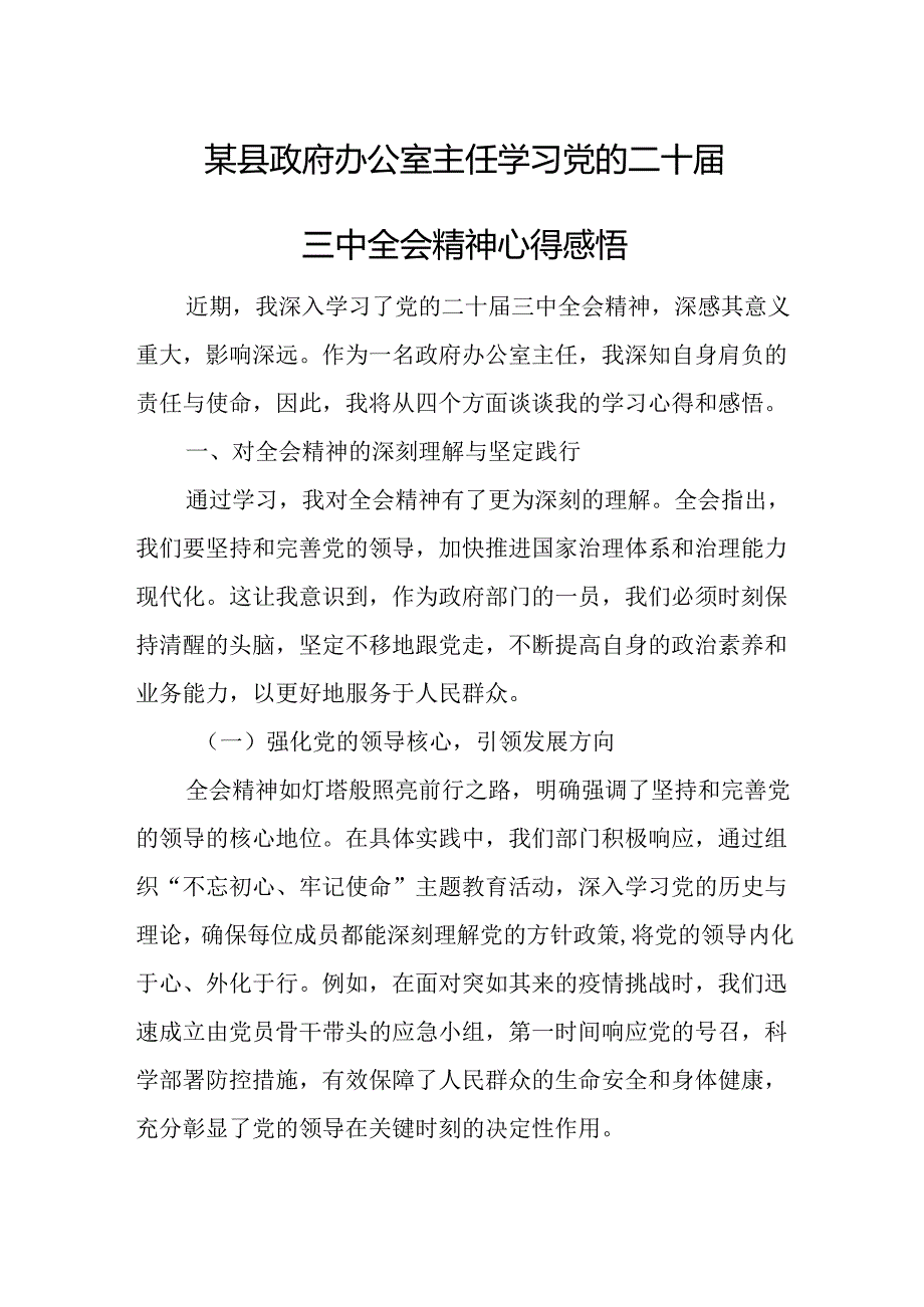 某县政府办公室主任学习党的二十届三中全会精神心得感悟.docx_第1页