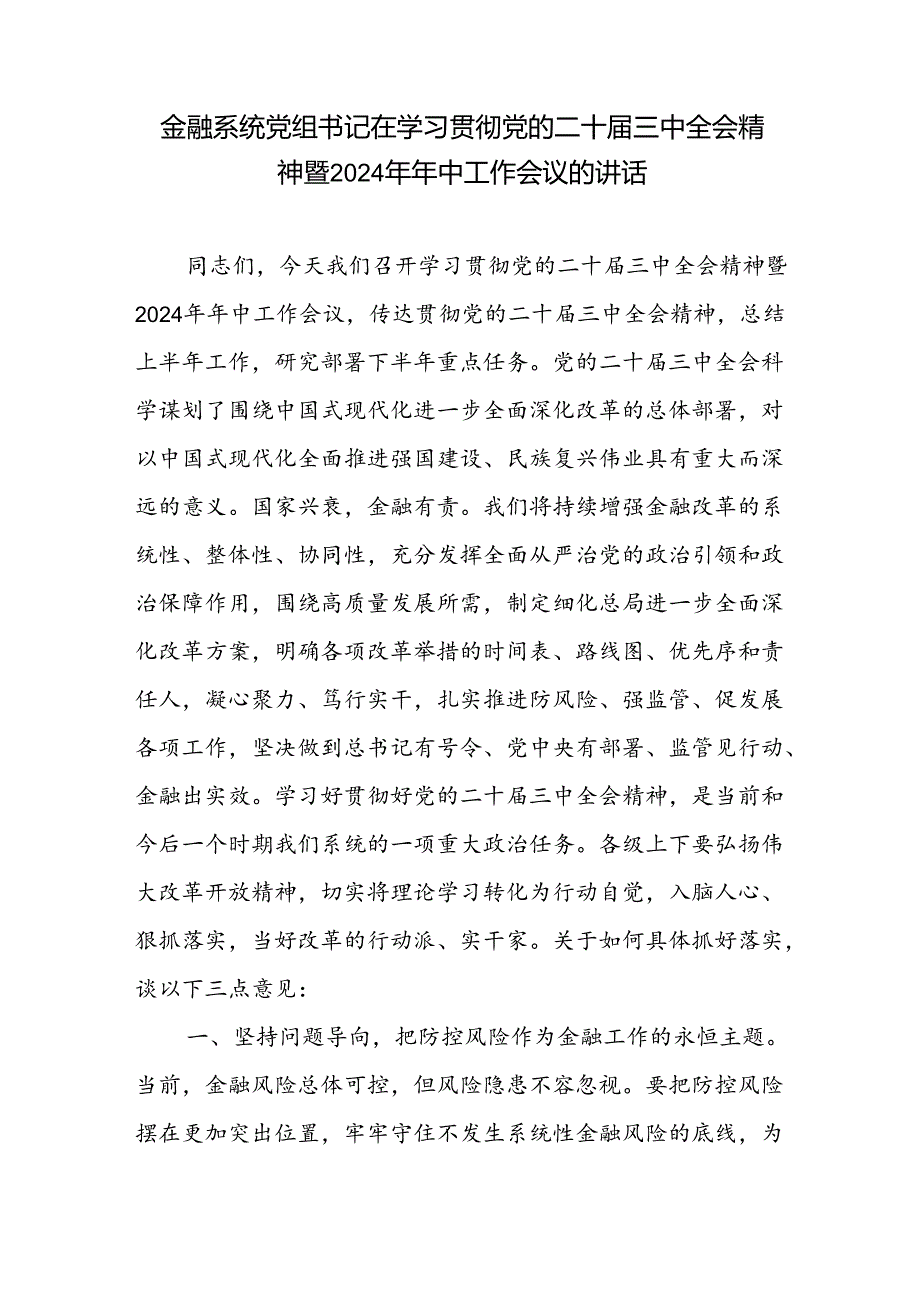 金融系统党组书记在学习贯彻党的二十届三中全会精神暨2024年年中工作会议的讲话和金融工作者学习党的二十届三中全会精神心得体会.docx_第2页