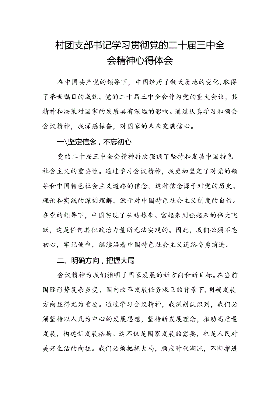 村团支部书记学习贯彻党的二十届三中全会精神心得体会范本.docx_第1页